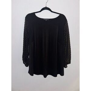 Adrianna Papell Plus Size 2XL Black Swiss Dot Long Sleeve Blouse Top